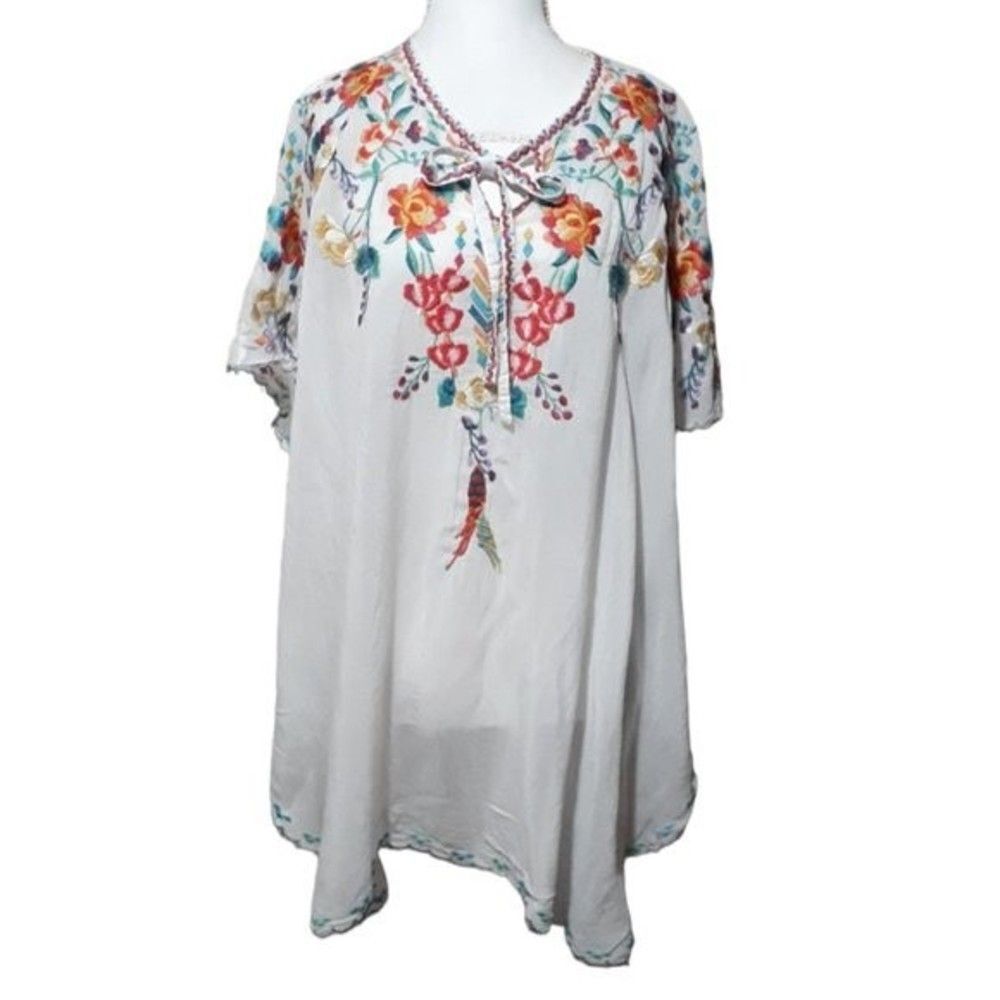 Johnny Was Selena Embroidered Travel Vacation Peasant Top Tunic Blouse Xs